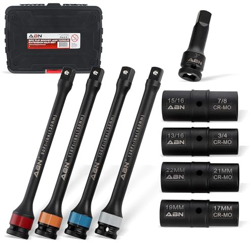 ABN 1/2in Drive Impact Socket Set Metric 17-22mm SAE 3/4-15/16in 9pc Lug Nut Torque Stick Extension Limiter 90-120 ft/lb