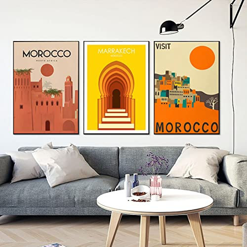 Vintage Besuch Marokko Vintage Landschaft Poster Marrakesch City Travel Leinwand Malerei 3 Stück Moderne Wandkunst Drucken Bild Home Decoration 40Cmx60Cmx3Pcs Kein Rahmen