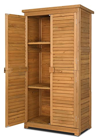 Outvita Outdoor Storage Cabinet, 63in Wooden Garden Tools Shed with 2 Lockable Doors, 3 Adjustable Shelves, Waterproof Roof for Yard Garge Patio Deck Porch, Natural