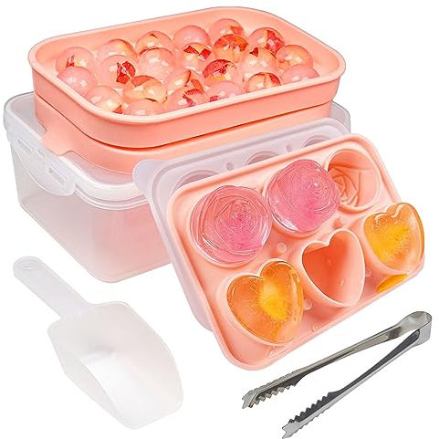 Juego de moldes de hielo de silicona, molde de cubitos de hielo de rosa de corazón, bandeja redonda pequeña para cubitos de hielo, hace 22 esferas y 3 bolas de hielo en forma de corazón y 3 rosas para