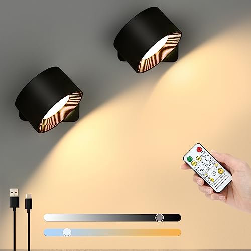 Lightess 2er LED Wandleuchte Innen Kabellos Wandlampe Ohne Stromanschluss Dimmbar Wandleuchten mit Akku, Fernbedienung & Touch Control 360°drehbar für Wohnzimmer Schlafzimmer Flur, Schwarz