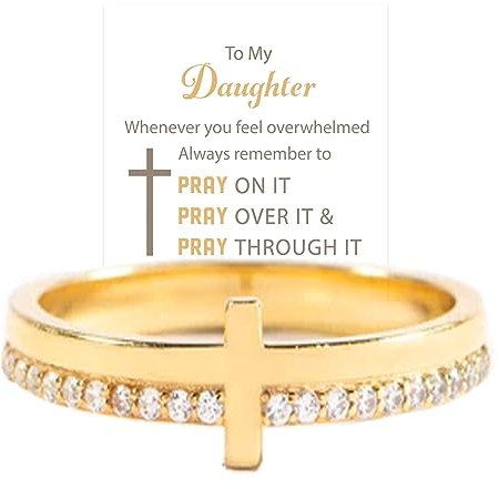 OVNMFH Zu meiner Tochter, bete darauf, Goldener Kreuzring, stapelbarer Kreuzring aus S925-Silber mit kubischem Zirkonia, bete christlicher religiöser Ring (Gold,6)
