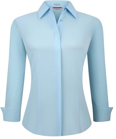 Alex Vando Womens Dress Shirts Wrinkle Free Regular Fit Long Sleeve Stretch Work Shirt, Hidden Placket Blue, L