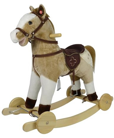 Cavallo a Dondolo per Bambini da 36 a 72 Mesi Cavalcabile in Legno e Peluche con Rotelle Suoni e Movimenti Realistici Beige