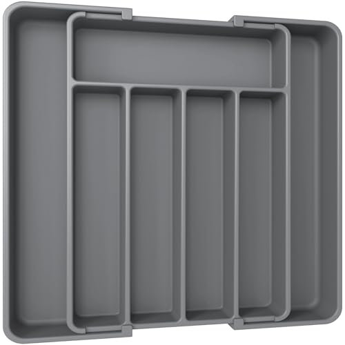 Aujen Cutlery Drawer Organiser - Expandable Kitchen Drawer Organiser, Adjustable Cutlery Tray, Utensil Organisation for Forks, Knives, Multipurpose Kitchen Storage, Grey, 31.50x4.17x22.50~37.50 cm