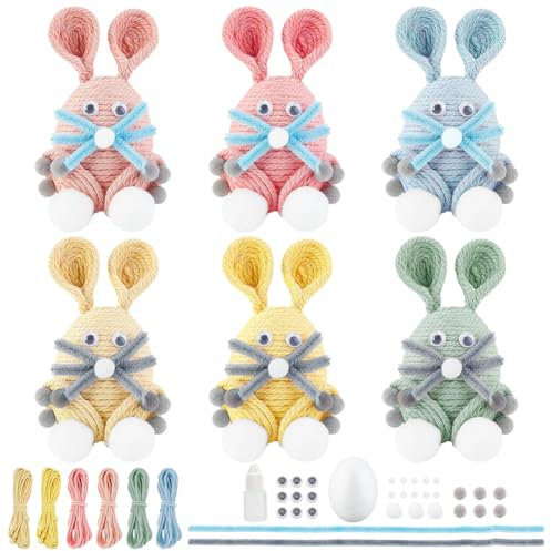 WEBEEDY 6-teiliges Ostereier-Makramee-Set, DIY-Dekorationsset, niedliches Osterhasen-Ei, Häkelornament, Bastelset für Erwachsene, Anfänger, Wohnung, Garten, Tür, Raumdekoration, Videoanleitung