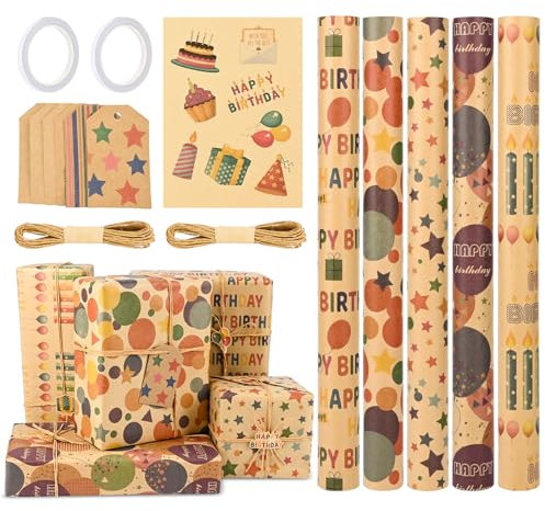 Geschenkpapier Set 5 Rollen, Ambesty 3m x 43 cm Geschenkpapier Geburtstag und 2 Rolle Band, Geschenk Papier zum Männer Frauen Mädchen Junge, Natur Geburtstagspapier für Kindertag, Valentinstag