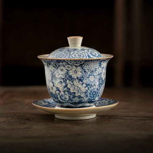 SELCOA Gaiwan d'ouverture en céramique à Fleurs Antiques, Service à thé de la soupière Bleue, Bol à thé Chinois, Tasse à thé Chawan Lily