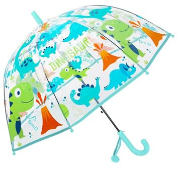 Rhomba Klar Transparente Blase Clear Bubble Umbrella for Children Lightweight Cute 8 Fibre Ribs Cute Dome See Through Perfect for Walking Kids Umbrella for Child (Blauer Dinosaurier)