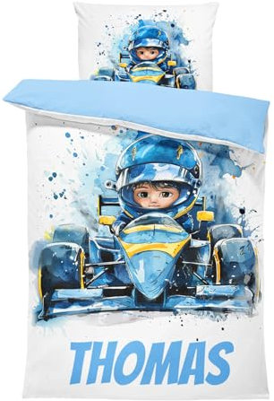 Pictogogo Personalisierte Baby Bettwäsche, Kinderbettwäsche, Bettwäsche Mit Namen, Babybett Komplett Set Mit Reißverschluss, Oeko-TEX Standard 100 (Rennauto, 100 x 135 cm)