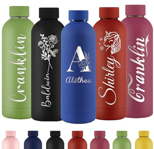 Xihedfd Personalisierte Trinkflasche Gravur Wasserflasche mit Namen Individuell Rostfreier Edelstahl Metall 500 ml Thermosflasche für Schule Büro Sport