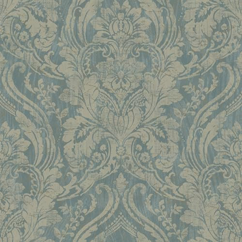 Grandeco Textured Distressed Metallic Damask Wallpaper, Teal