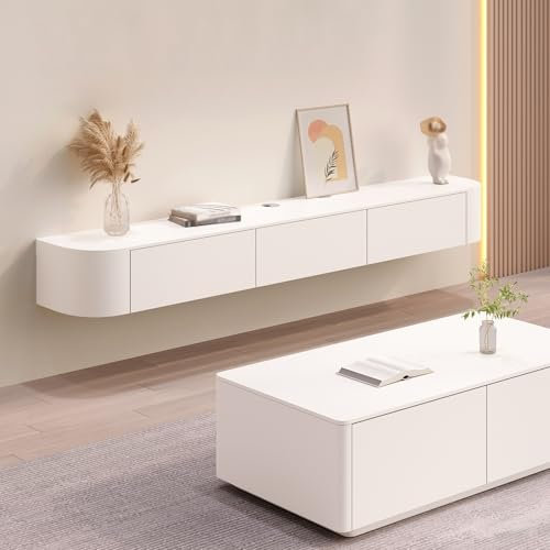 Solid Wood Entertainment Center With Large Storage & Shelves Wall Mounted TV Storage Cabinet With Door Modern Floating TV Unit With Drawer Sleek TV Cabinet For Apartments(White,160cm)