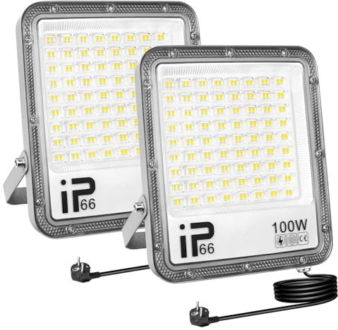 AUXTINGS 2 Stück LED Strahler mit Stecker außen 100W, 10000lm 6000K Weiß Außenstrahler IP66 Wasserdicht Außenbeleuchtung Fluter Scheinwerfer für Garten, Garage, Haus, Hof, Sportplatz