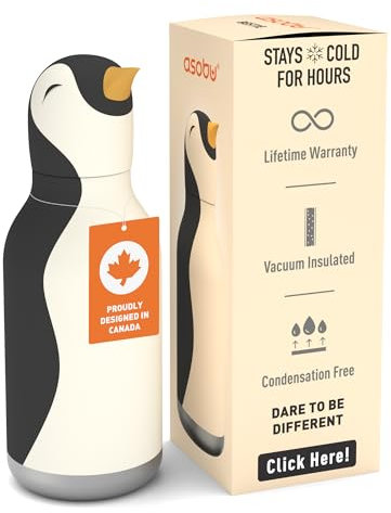 ASOBU Bestie Botella infantil con pajita, botella aislada de acero inoxidable, 420 ml, con cabeza de pingüino, a prueba de fugas y sin BPA
