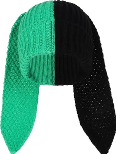YEKEYI Strickmütze, niedlicher Hase, lange Ohren, lustige Mütze, Kaninchen, Wintermütze, warme Skimütze, schwarz / grün, Einheitsgröße