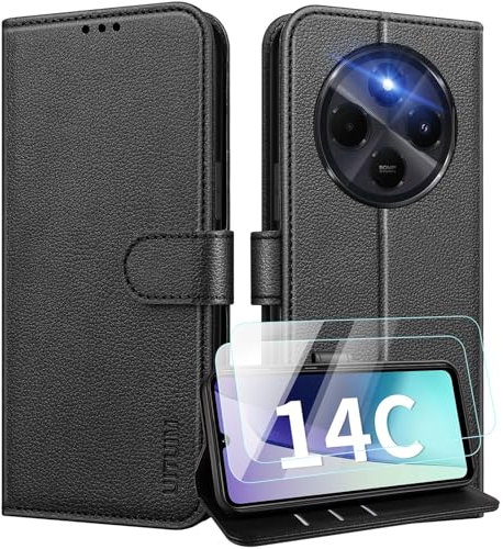 UITUIM Cover per Xiaomi Redmi 14C Cover Custodia con 2 Vetro Temperato Pellicola a Libro Portafoglio in Pelle Cover Porta Carte Flip Case Protettiva Custodia per Xiaomi Redmi 14C,Nero