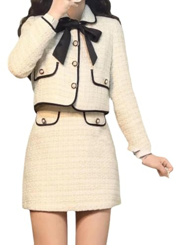 Damen Frühling Und Herbst Elegante Tweed Jacke Top Und Rock Zweiteilige Schleife Knopf Rundhalsausschnitt Slim Fit Mode Casual Top Rock Set