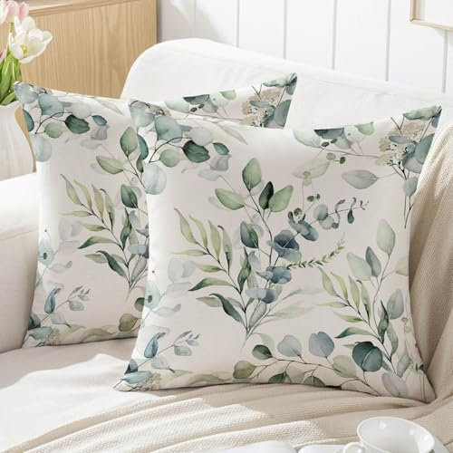 Jayusaror Frühling Kissenbezug 40x40 Grün Eukalyptus Aquarell Blätter Outdoor Sofakissen Kissenhüllen Dekokissen Kissen Couchkissen Kissenbezüge Garten Sofa Deko,2er Set