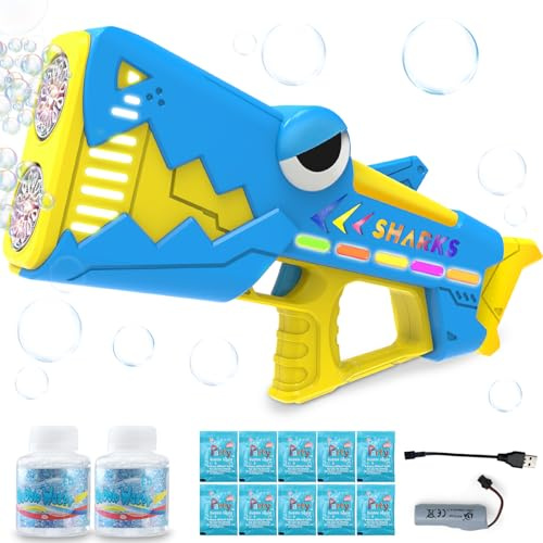 Britik Seifenblasenpistole für Kinder im Alter von 4-8 Jahren: Hai leuchtende Seifenblasenmaschine für Kleinkinder, wiederaufladbar, 2 Seifenblasenlösung, Outdoor-Spielzeug-Party, Geburtstagsgeschenk