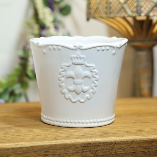Fyne-Finds White Ceramic Fleur De Lis Planter 15cm, 6inch Table Top Pot Indoor Home Office Decorative Counter Gift