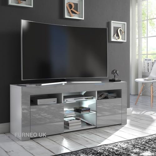 Furneo Grey TV Stand – 120 cm Cabinet Unit in Matt and High Gloss Finish with White LED Lighting