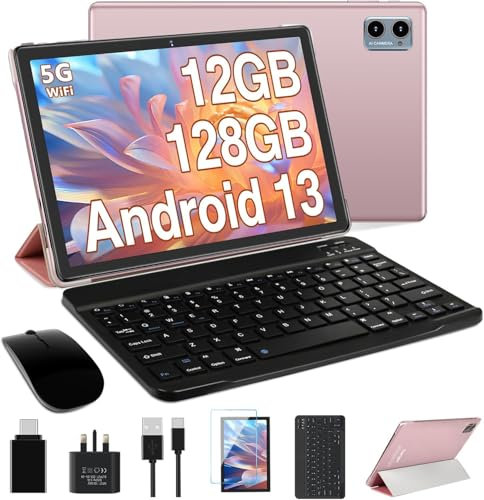 2025 Newest Tablet 10 Inch Android 13, 12GB RAM+128GB ROM (TF 1TB), Octa Core, 2.0Ghz, 5G+2.4G WiFi | 6000mAh | Bluetooth 5.0 | GMS | Type-C | 5+8MP | Widgets| Tablet with Keyboard & Mouse - Rose Gold