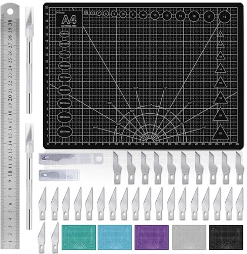 Miuzei Ensemble de tapis de découpe A4 avec règle en acier et 30 couteaux à papier pour sculpture, loisirs créatifs, tapis de dessin (noir)