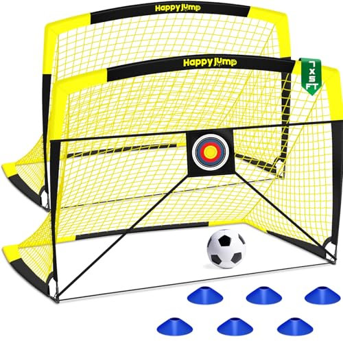 Happy Jump Set of 2 Portable Pop Up Football Goals 7x5FT – with Target Sheet, Ball, Pump & Cones | Weatherproof Football Nets for Garden & Outdoor Training