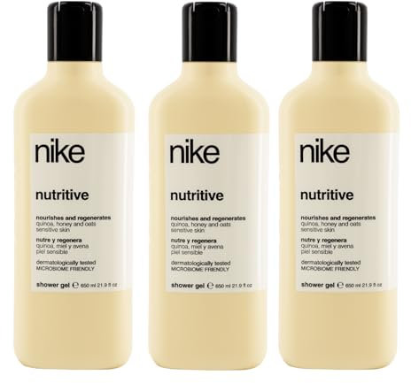 NIKE - Gel de Baño Nutritivo 3x650 ml, Pack 3, Gel de Ducha, Nutrición Intensa, con Miel, Quinoa y Avena, Nutre y Regenera, Fórmula Respetuosa con el Microbioma Cutáneo, Cuidado Avanzado de la Piel