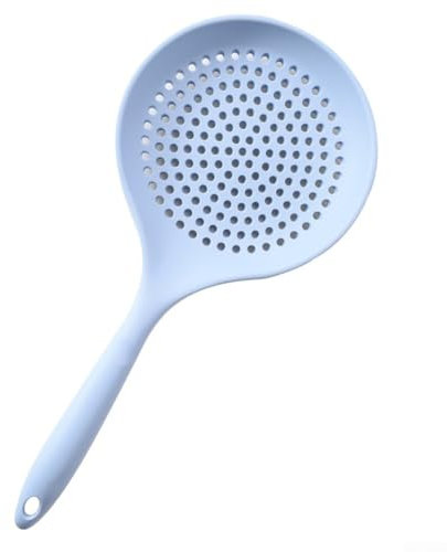Silicone Skimmer Spoon Colander with Long Handle Heat Resistant Large Strainer Mesh Drainer for Cooking Frying Hot Oil Pasta Vegetables and Noodles Kitchen Utensil Tool 14.4 Inch White Blue(Blue)