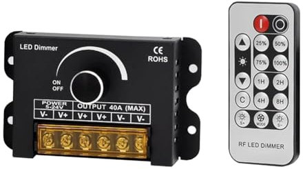 Barturry Interrupteur Variateur LED 12 V avec Télécommande RF et Fonction Minuterie, Boîtier en Aluminium DC 5-24 V 40 A, Contrôleur de Gradation PWM