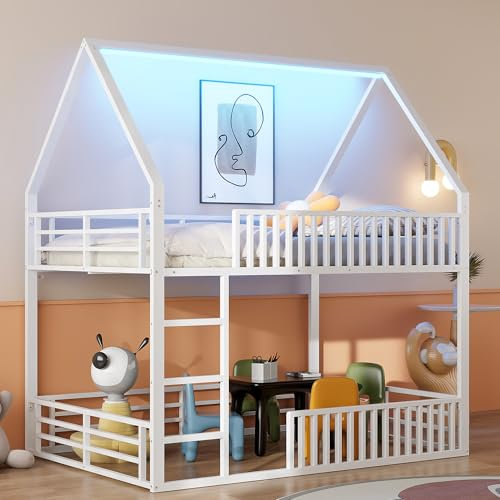 Kinderbett Etagenbett 140x200, Hochbett Hausbett mit LED-Licht, Leiter und Tür, Metallbett Jugendbett Bettgestell Stockbett Doppelbett Familienbett Loft Bett mit Rausfallschutz, Ohne Matratze, Weiß