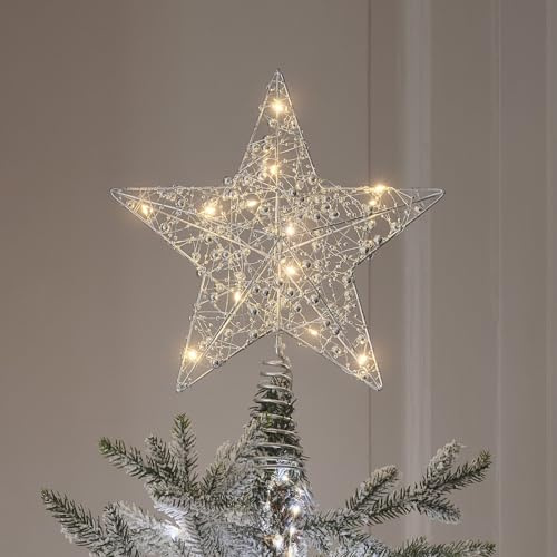 Light4fun Beleuchtete perlenbesetzte Stern-Weihnachtsbaumspitze | Batteriebetrieben & mit Timer | Mikro-LEDs | Weihnachten Christbaumspitze Weihnachtsstern Baum Topper | Silber | 30 x 25 cm