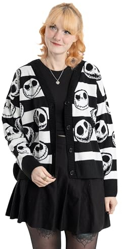 Disney The Nightmare Before Christmas Jack Skellington Womens Black and White Striped Cardigan | Long Sleeve V Neck Button Closure | Casual Wear Merch