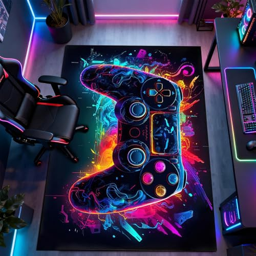 Leseogye Gaming Teppich Game Controller Design, rutschfest Kristall-Samt Gamer Fußmatte, Spielkonsolen-Teppich, Neon Farben, Coole Deko für Jungen Teenager Schlafzimmer Wohnzimmer 80x120cm