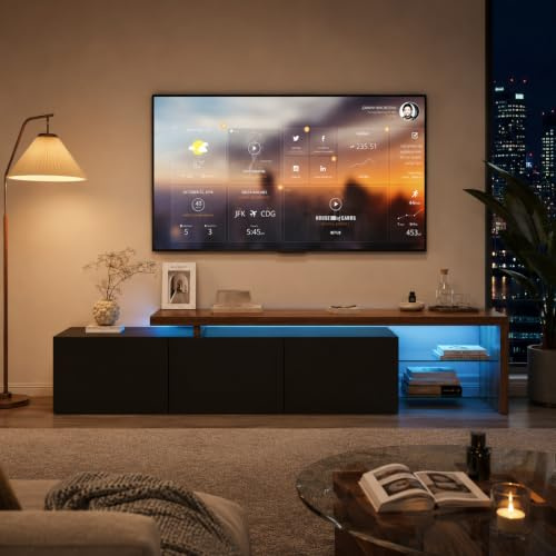 Meuble TV LED 200 cm,Armoire e TéLéVision,Banc TV,Meuble TéLé de Salon,Banc TV Moderne en Bois avec Trois Compartiments de Rangement,Armoire Basse Salle de SéJour IntéRieur,Meuble Salon (Noir-1)