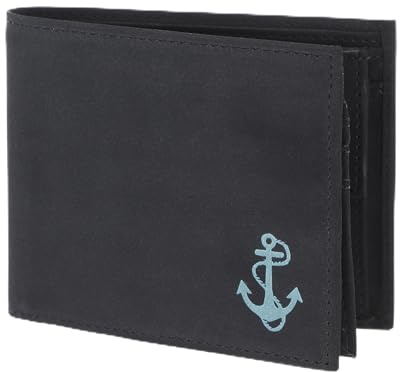 Oxmox Geldbörse Herren/Portemonnaie Damen | Wallet mit RFID Schutz | New Cryptan (Vegan) | 5 Kreditkartenfächer | Querscheinbörse Querformat | schwarz | Freedom Anchor Print Cyan
