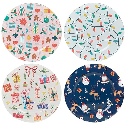 URBNLIVING Christmas Charger Plates 33cm – Holiday Table Setting Placemats, Festive Dinner Table Decor, Christmas Party Tableware Decorations (4 Charger Plates (1 of Each Design))