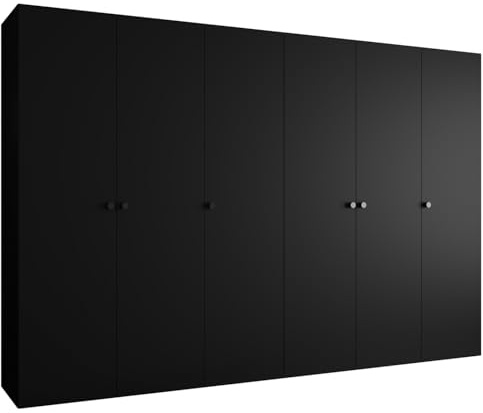 MEBLE KRYSPOL - Kleiderschrank - Garderobenschrank - 300 cm x 202 x 52 cm - Schrank mit Kleiderstange, 6 Türen - für Schlafzimmer, Flur - Parma, Schwarz, Griff Schwarz