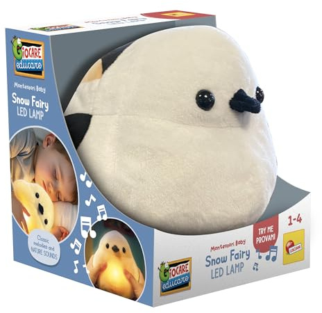 Lisciani - Montessori Baby - Snow Fairy - LED Nachtlicht Plüschtier für Kinder 1–4 Jahre - Sanftes Licht mit klassischen Melodien und Naturgeräuschen - Waschbares Plüschtier mit herausnehmbarem Modul