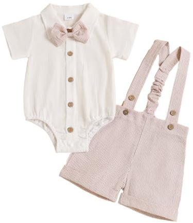 JENJON Neonati Maschio 1 Anno Compleanno Vestiti Set Gentleman Maniche Corte Papillon Top + Salopette a Righe Pantaloncini Estivo Abbigliamento Righe color cachi 6-12 Mesi