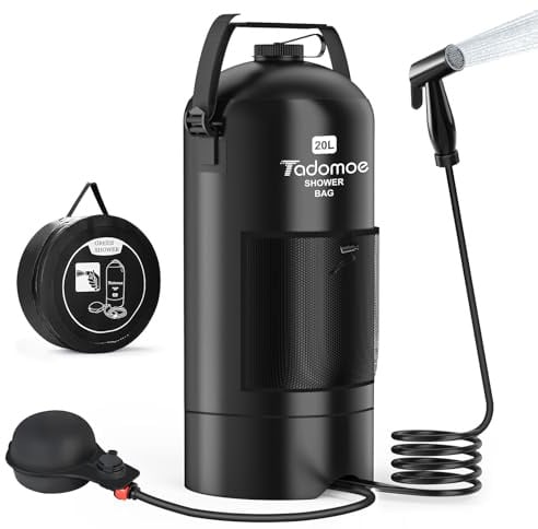 Tadomoe Solare Doccia da Campeggio Portatile con Pompa a Pedale, 20L | Per Vanlife e Camper, Tubo da 2m, Pieghevole e Salvaspazio, per Lavaggio Cani e Spiaggia, Soffione Ergonomico