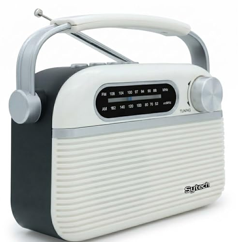 Sytech Radio portátil Vintage, Am/FM, Bluetooth, AC/DC y Pilas, Recargable, Blanco