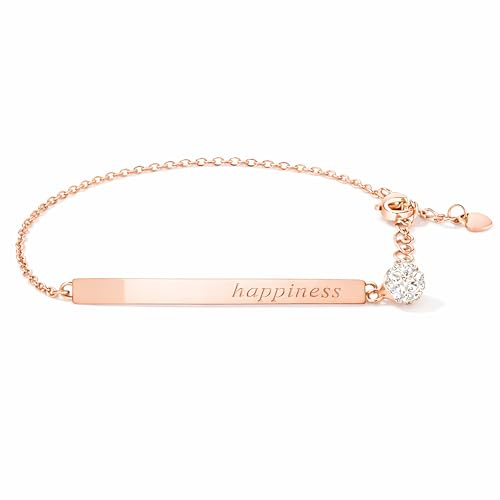 Löb 750 Roségold vergoldet Edelstahl Armband Happiness Gravur Zirkonia, Damen Armkette Silber Glitzer Stein Freundschaftsarmband BFF Freundschaft Minimalistisch Layering