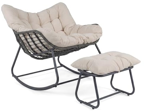 COSTWAY Schaukelstuhl mit Hocker, Schaukelsessel bis 150 kg belastbar | Übergroßer Relaxsessel mit dickem & abnehmbarem Kissen, für Balkon, Garten, Wohnzimmer, Beige
