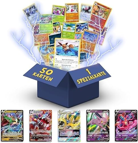 Pokémon Karten Deutsch – 50 Verschiedene Original Karten Bundle mit 1 V/VMAX/VSTAR/EX, 3X Holo, 1x Rare, 1 Zufällige Pikachu, Evoli oder Dedenne aus Aktuellen Sets + 1 HeartGlobal® Toploader