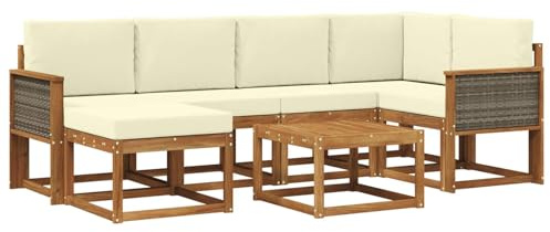 vidaXL Outdoor-Sofagarnitur 7 pcs Natur und Creme Massivholz Akazie, Garten Sofa, modernes Eckset, wetterfestes Loungemöbel, Terrassen Sitzmöbel für entspannten Komfort