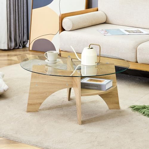 Mesa de Centro Redonda de Cristal y MDF, Salón, Madera Natural, Ø 80 cm
