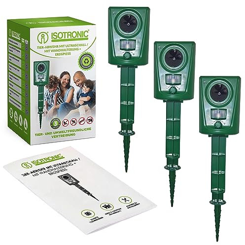 ISOTRONIC Tierabwehrgerät Ultraschall Tiervertreiber – 3er Set – Batteriebetrieb – Akustische Tierabwehr inkl. Erdspieß – Effektiv Wildtiere, Kleintiere, Vögel, Hunde, Katzen, Marder vertreiben